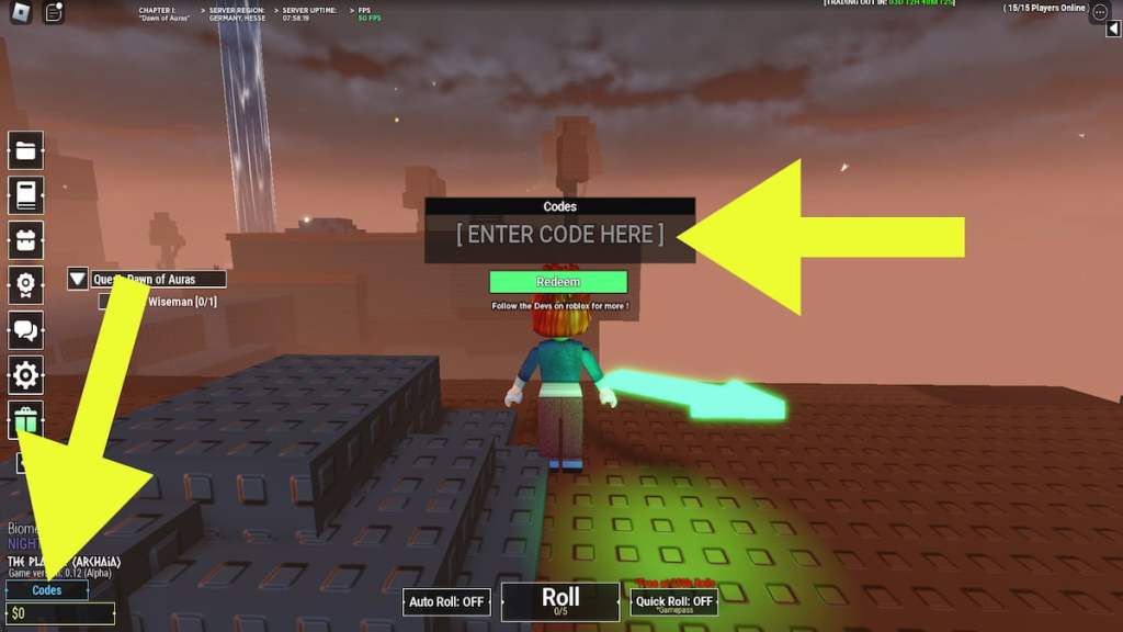 How to redeem codes in Unknown RNG
