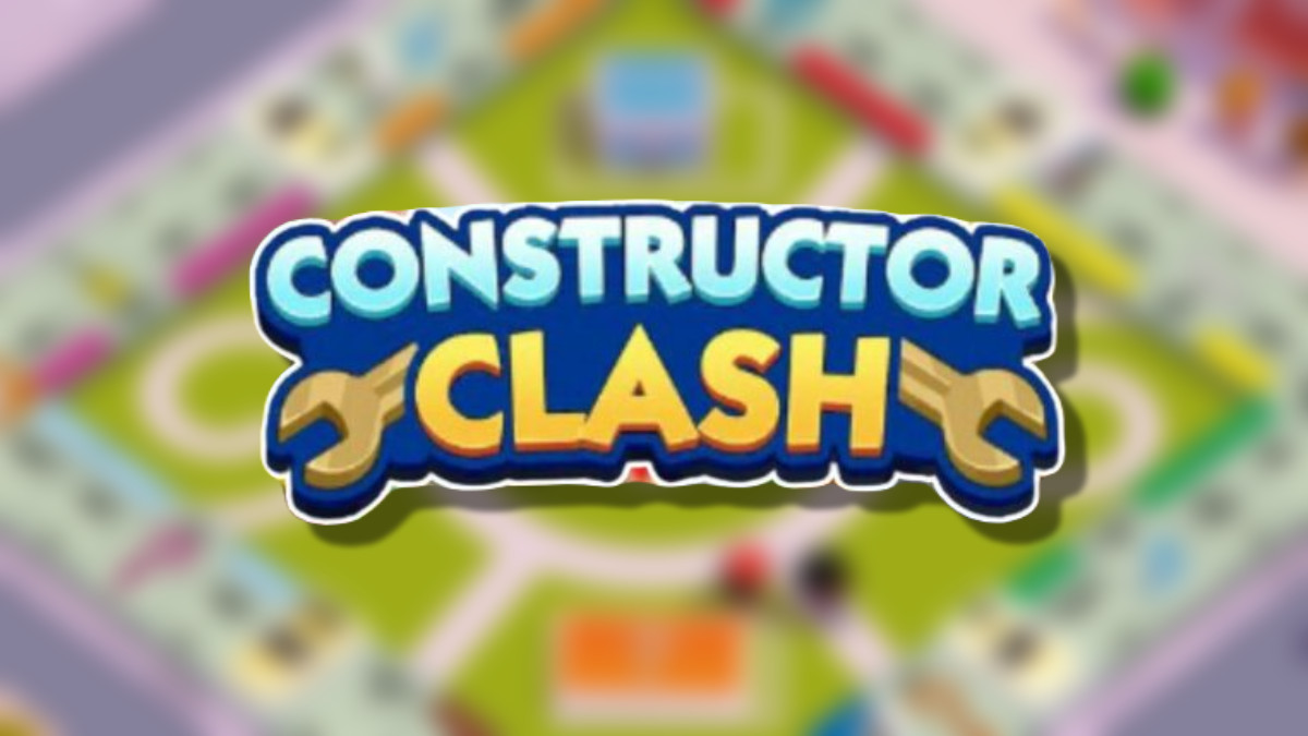 The Monopoly GO Constructor Clash logo on top of a blurred background