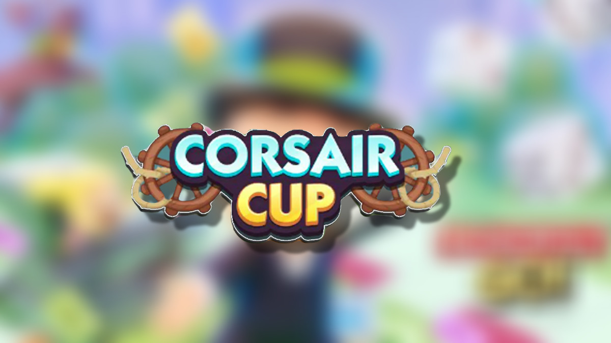 The Monopoly GO Corsair Cup logo over a blurred Monopoly GO background