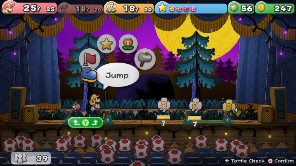 Mario fights an Amazy Dayzee in Paper Mario: The Thousand-Year Door