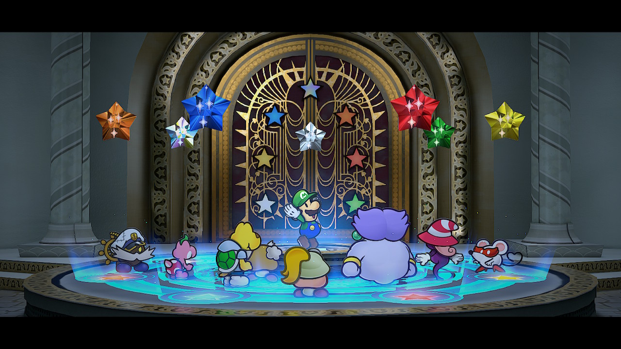 All of the partners and Mario standing before the Thousand-Year Door