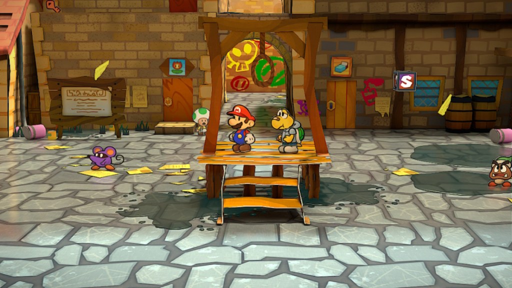Mario stands in Rougeport Square in Paper Mario: The Thousand-Year Door