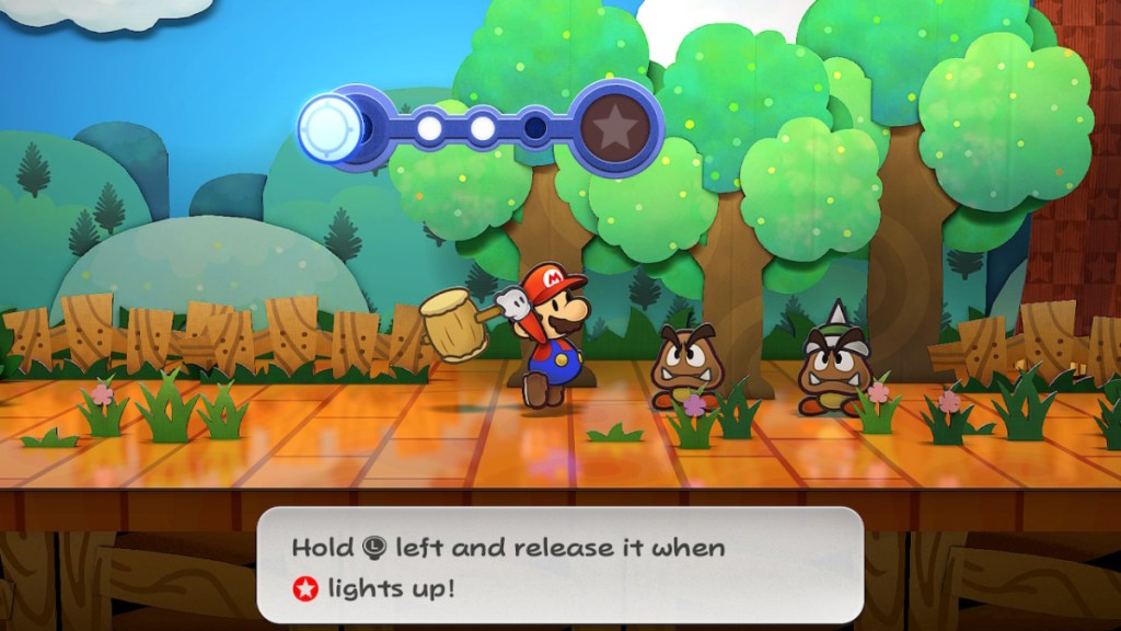 Mario se prepara para golpear un Goomba en Paper Mario: The Thousand-Year Door
