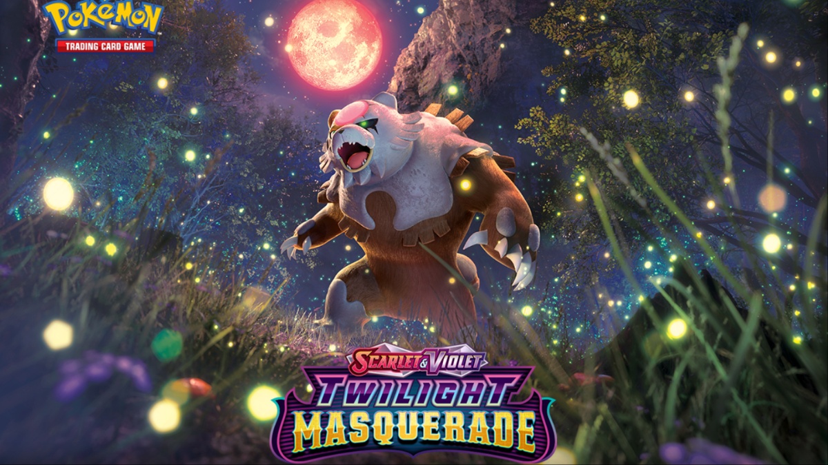 Promo art featuring Bloodmoon Ursaluna for the Twilight Masquerade Pokemon TCG expansion set