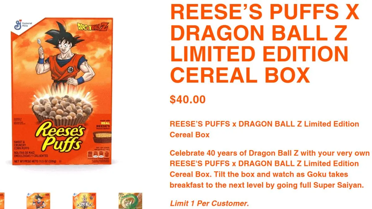 Reese Puffs website showing Reese Puffs x Dragon Ball Z collector's boxes