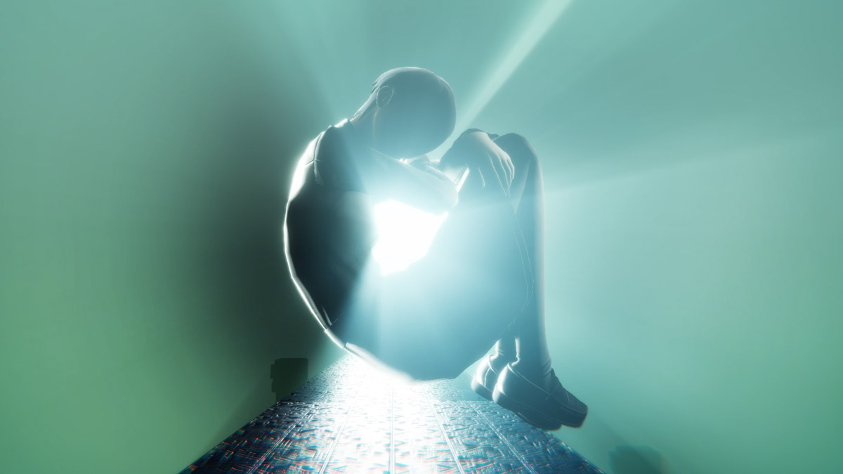 Image of a featureless body in the fetal position with a beam of light behind them