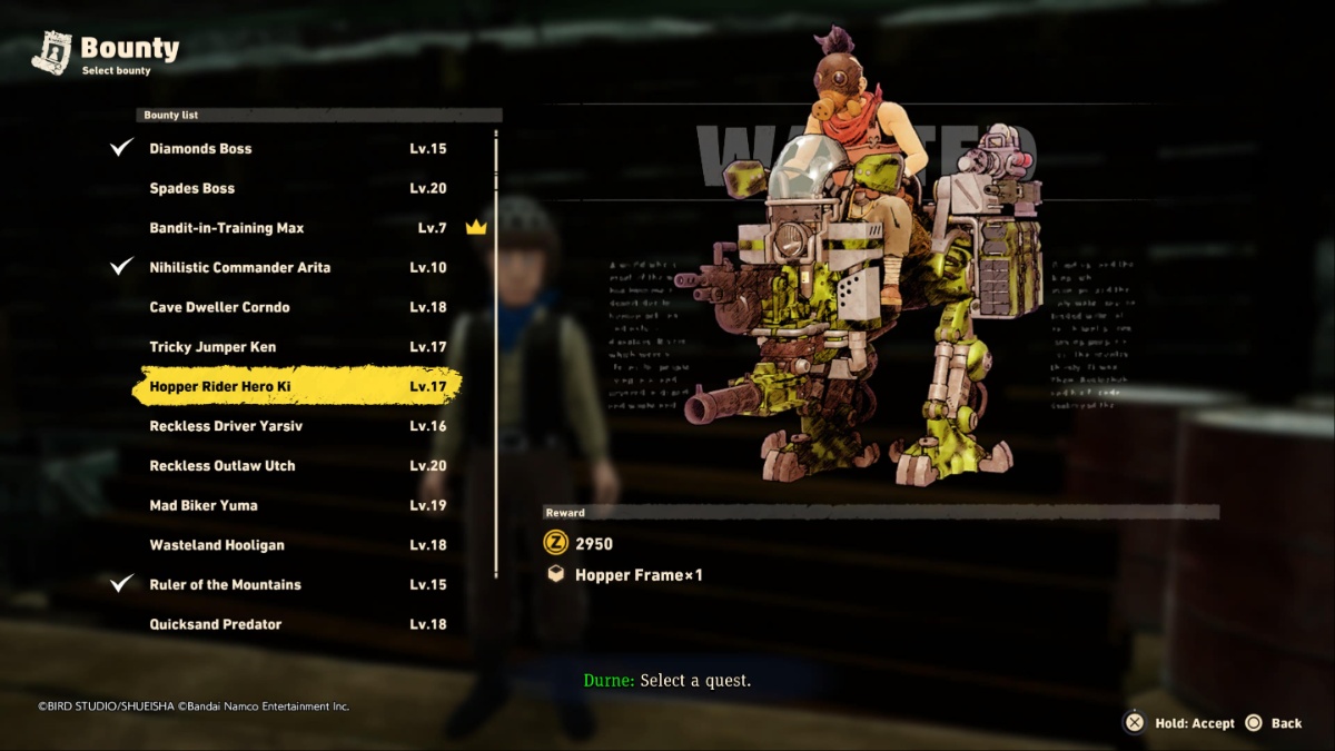 Sand Land screenshot of Hopper Rider Hero Ki in the bounty menu