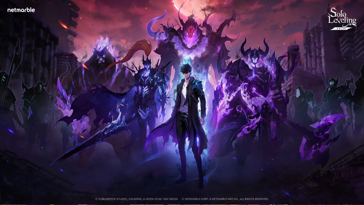 The main playable character in Solo Leveling: Arise with monsters behind him