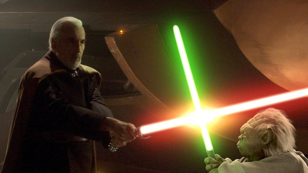 Count Dooku duelling Master Yoda in Star Wars: Attack of the Clones