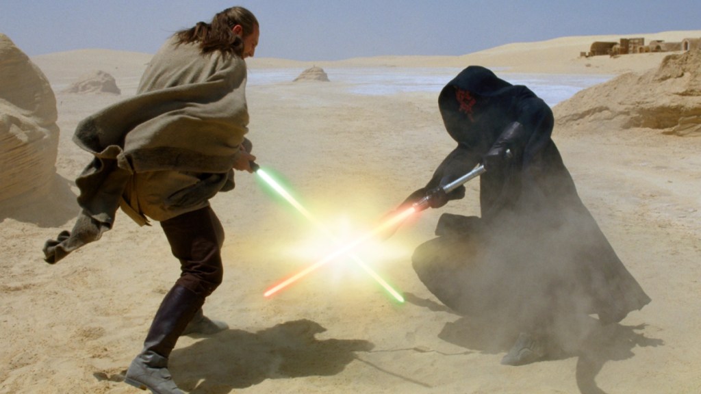 Darth Maul duelling Qui-Gon Jinn on Tatooine in Star Wars: The Phantom Menace