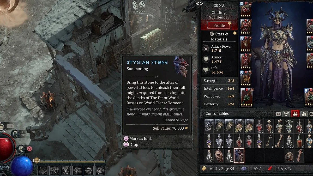 Stygian Stones in the inventory in Diablo 4.