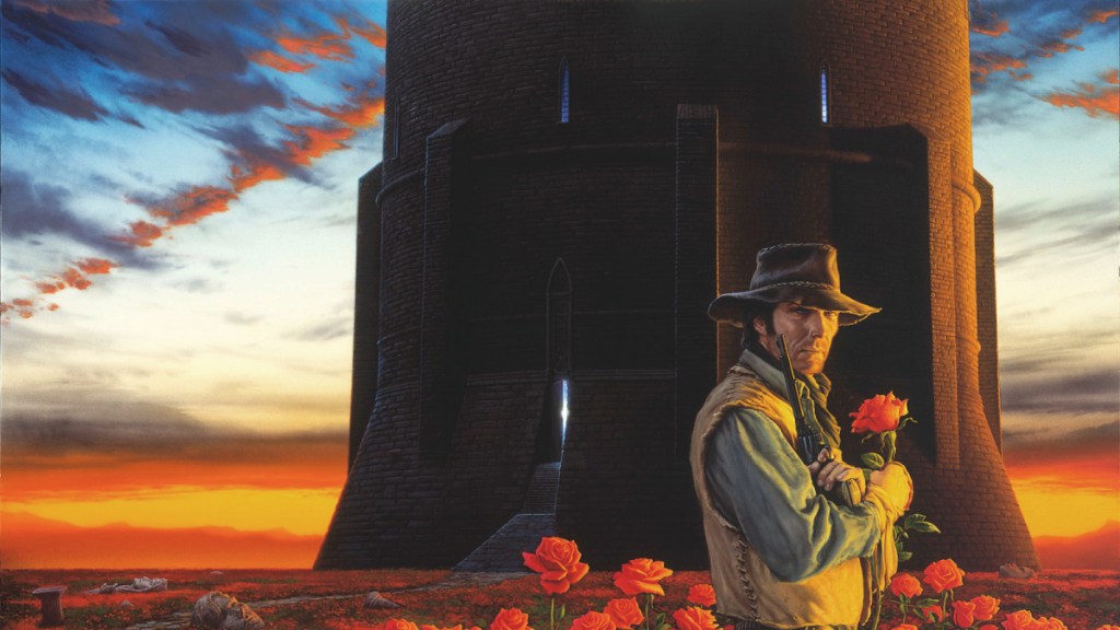 Roland Deschain holding a rose in front of the Dark Tower in cover art for The Dark Tower Book 7