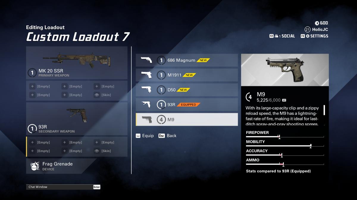 XDefiant screenshot of an M9 loadout as a secondary pistol.