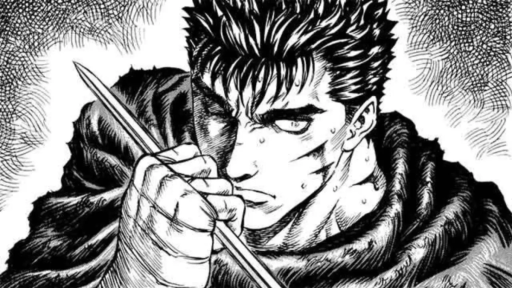 Guts grabs a sword by the blade