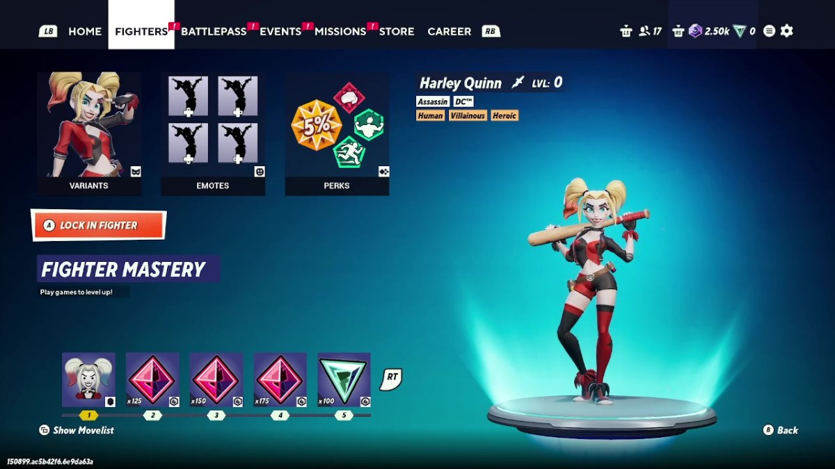 Pantalla de luchador de Harley Quinn en MultiVersus.