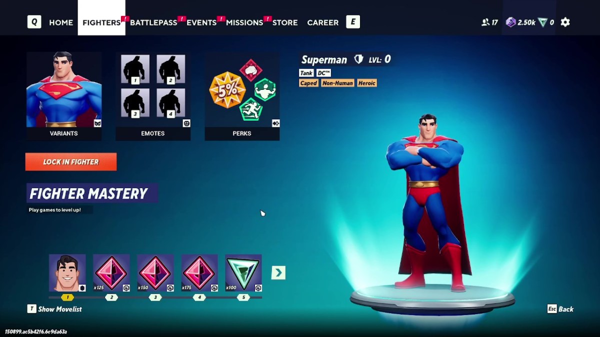 Superman's fighter screen in MultiVersus.