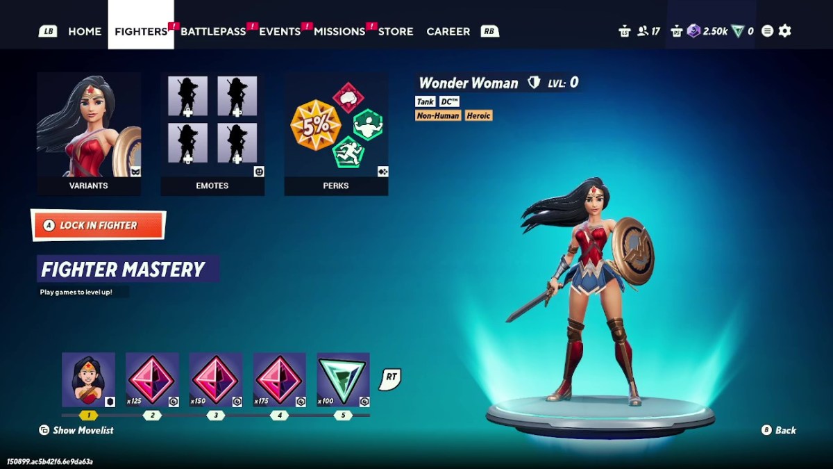 Wonder Woman's fighter screen in MultiVersus.