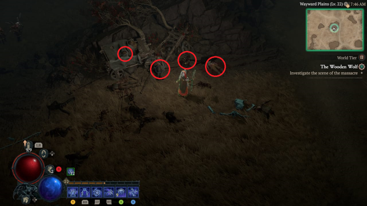 Image of all the clues at the caravan massacre in Diablo 4