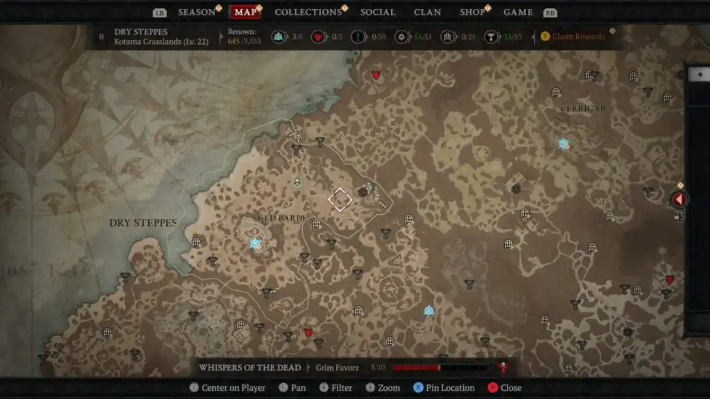 Image of the Diablo 4 map and the caravan location for The Wooden Wolf Quest