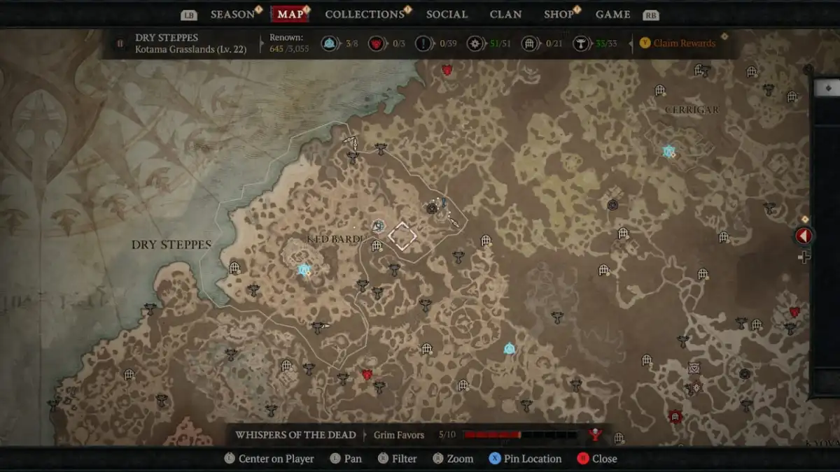 Image of a map and the location of the cult den in Diablo 4