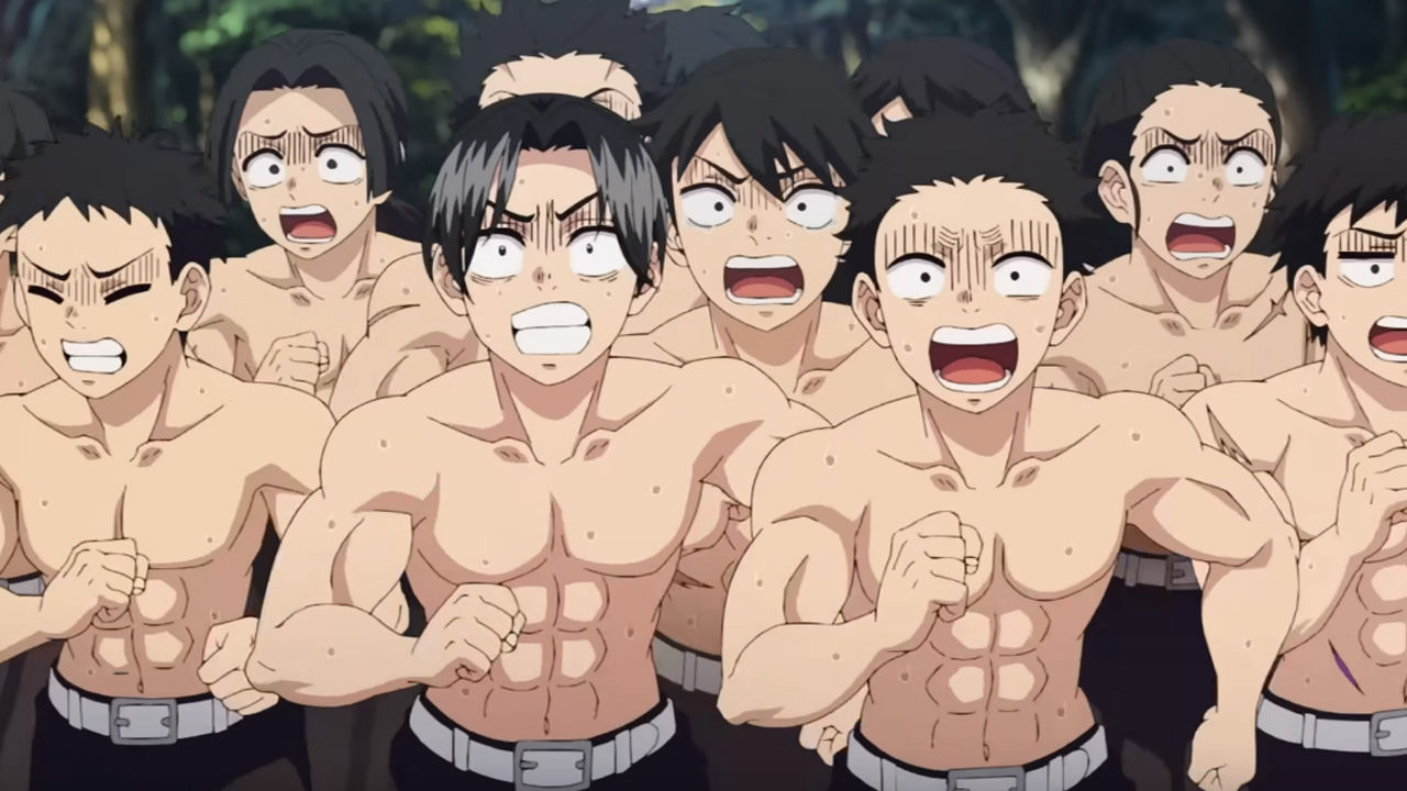 Demon Slayer, the Demon Slayer Corps running, shirtless, training.