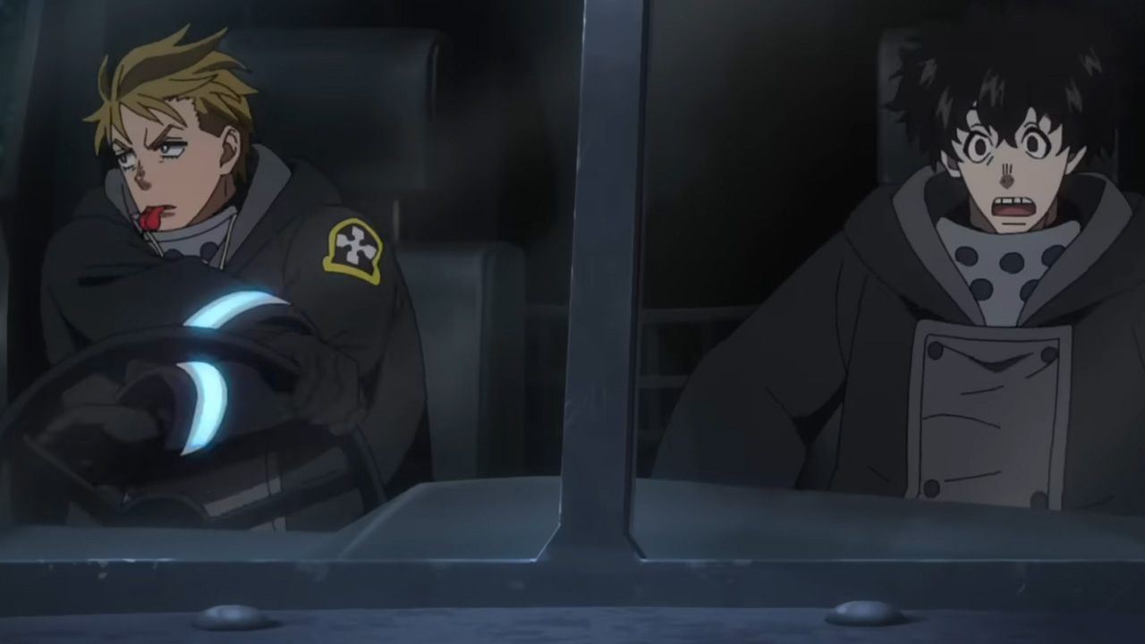 Fire Force, two characters driving a fire truck.