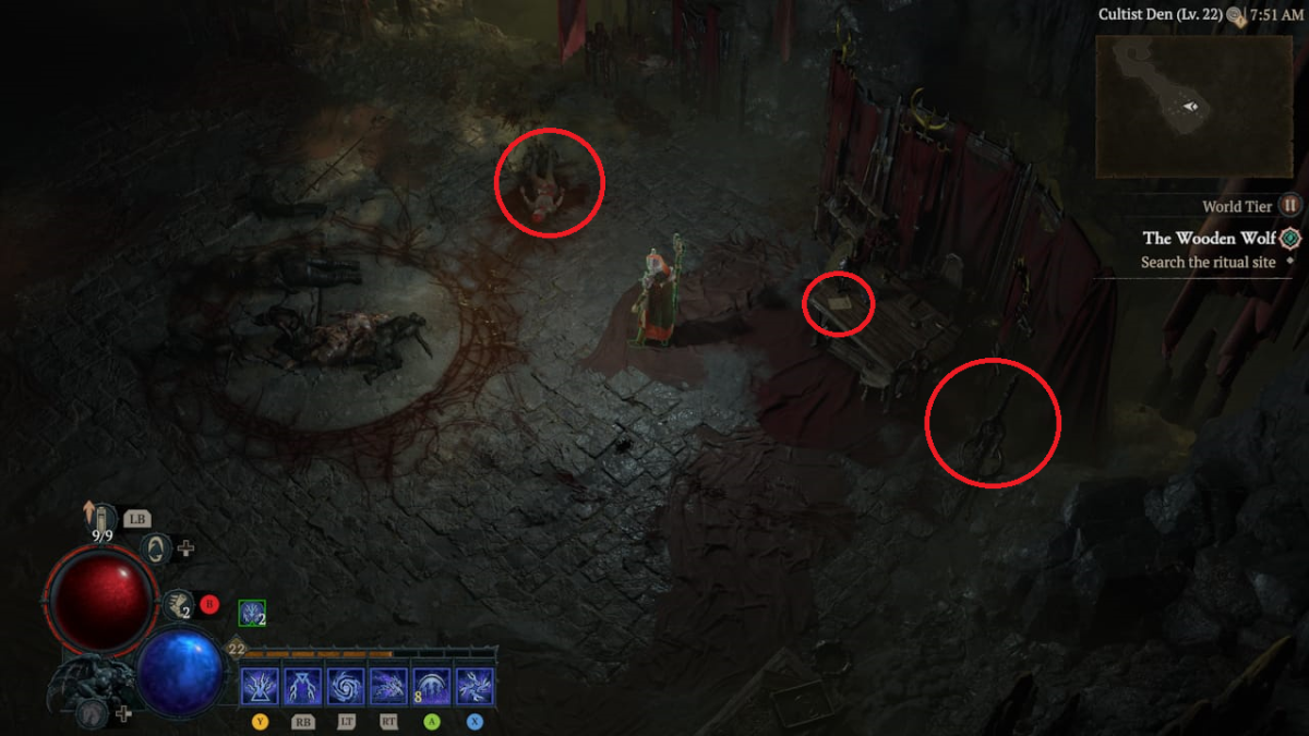 Image of there circled clues in the Cult Den.