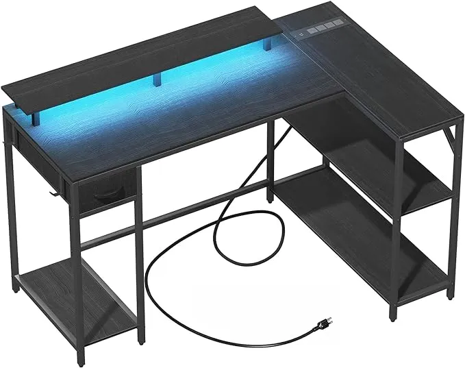 A gaming desk with LED lights.