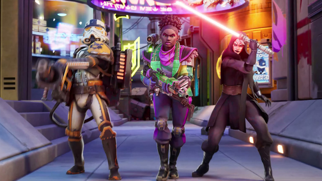 Star Wars: Hunters, three of the game's fighters, including a woman with a lightsaber, walking towards the camera.