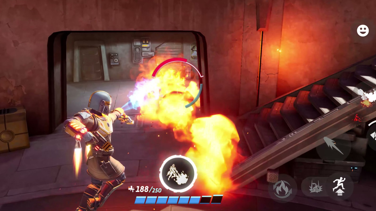 Star Wars: Hunters, a Mandalorian using a flamethrower on their enemies.