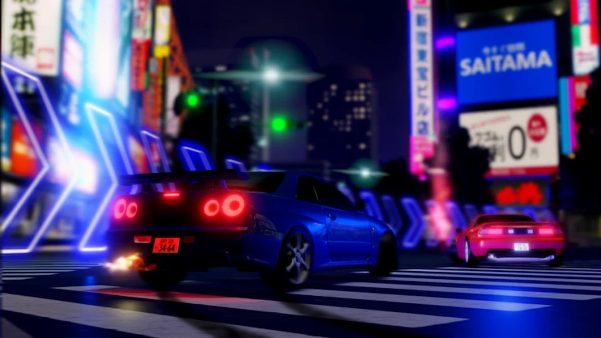 A car under neon street lights in Midnight Racing: Tokyo