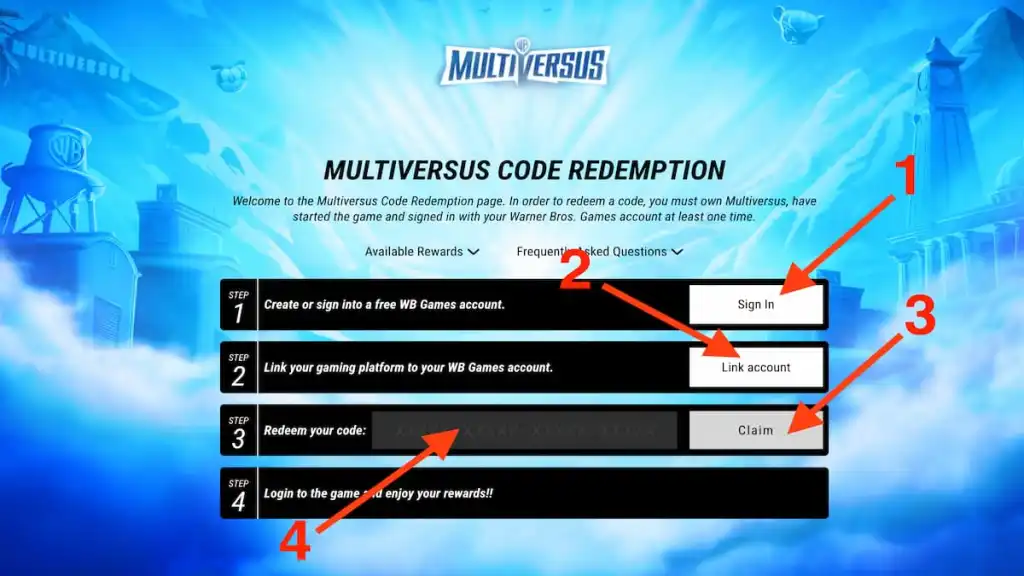 Instructions on how to redeem MultiVersus codes