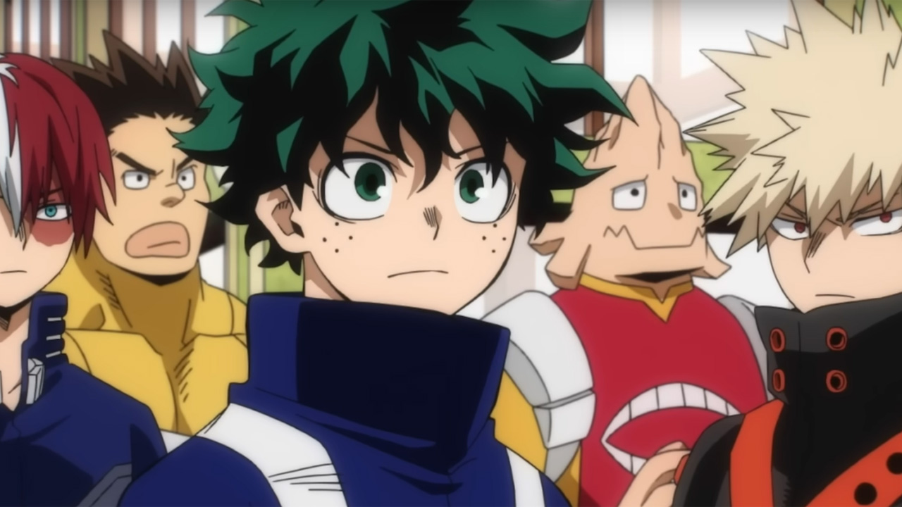 My Hero Academia, a group of heroes, including hero Deku.