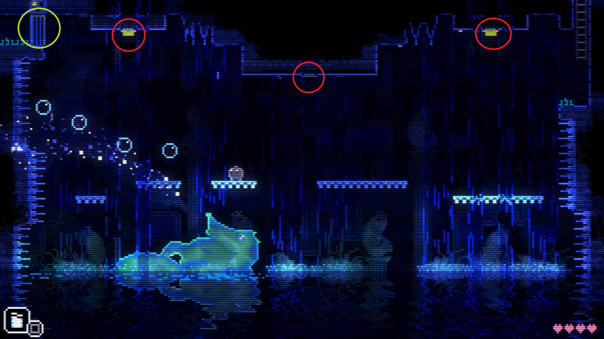 Image of the seahorse boss room with red circles around the three switches and a green circle around the room's exit in Animal Well