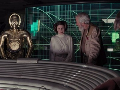 Princess Leia, C3PO and a Rebel General watching the attack on the Death Star in Star Wars A New Hope