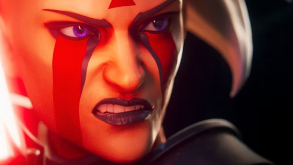 Star Wars: Hunters, an angry-looking woman in face paint. This image is part of an article about all pre-registration and bonus rewards for Star Wars: Hunters.