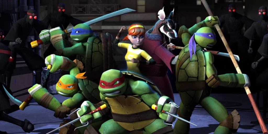 The Teenage Mutant Ninja Turtles from the 2012 series ready to fight.