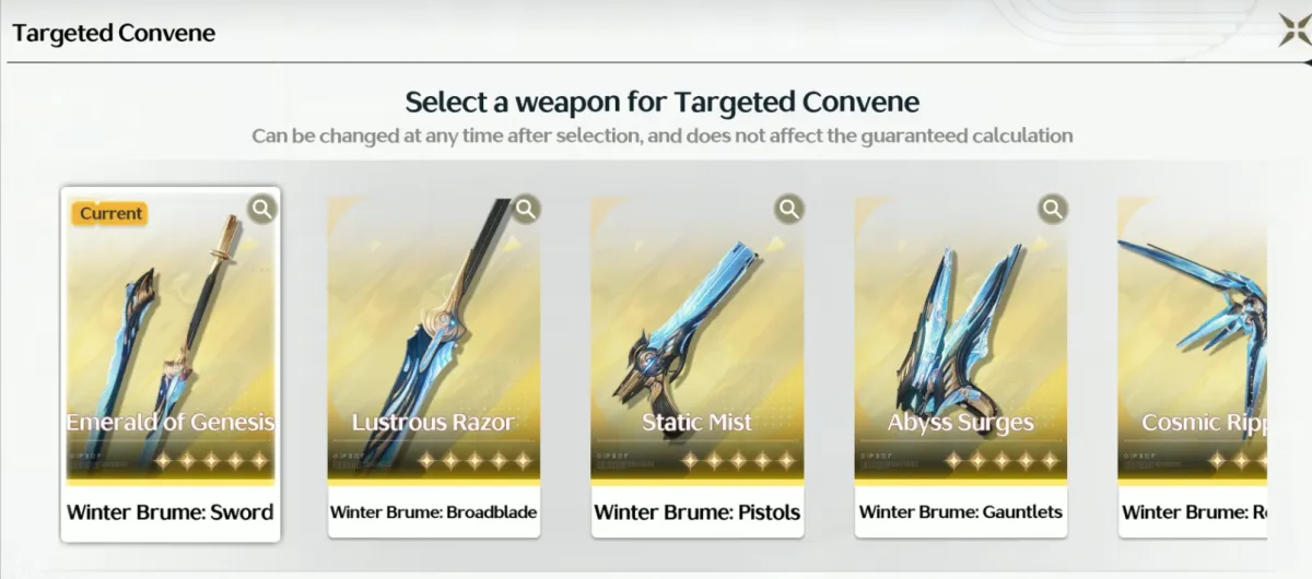 Image of the five targetable weapons in Wuthering Waves