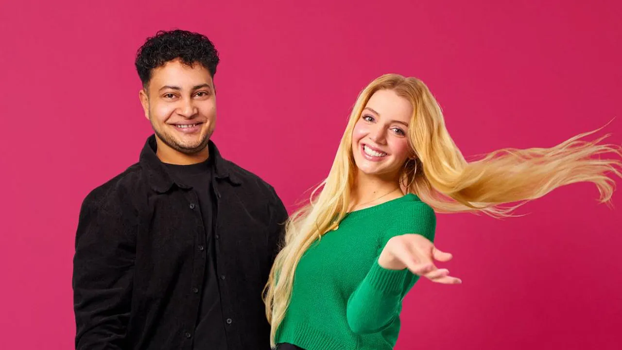 90 Day Fiance UK, a man and a woman smiling against a pink background.