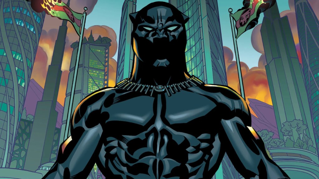 Black Panther stands proudly in front of Wakanda. This image is part of an article about the 13 best Marvel Comic runs of all-time.
