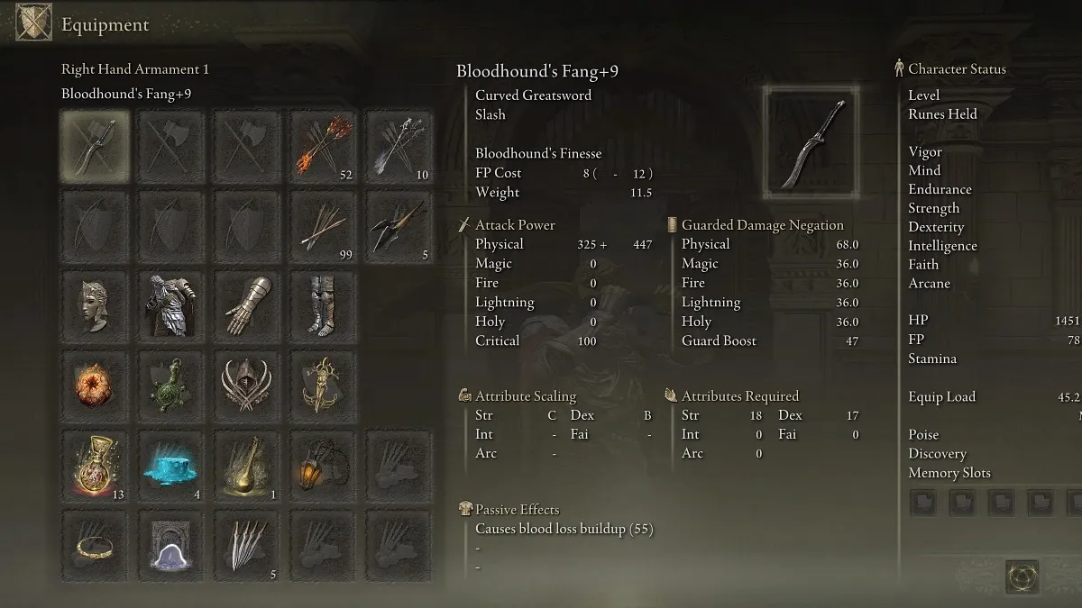 Bloodhound's Fang stats and build in Elden Ring.