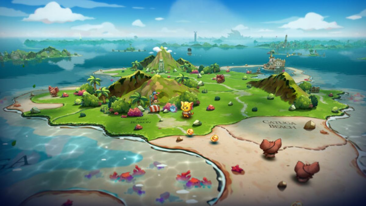 Screenshot from Cat Quest III, showing a pirate cat on an island treasure map