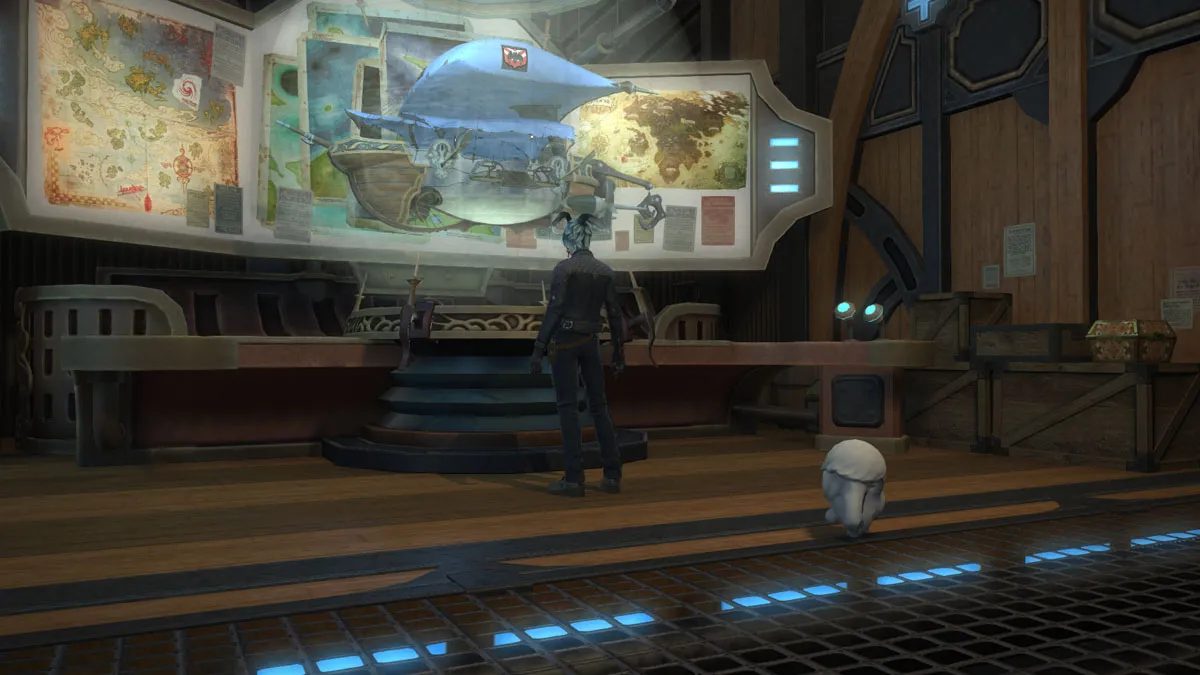 Image of a player character looking at a screen with voyages, which are necessary to get Classic False Spectacles, displayed on it in FFXIV