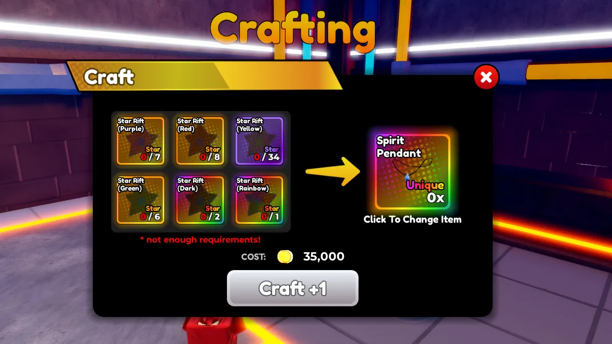 The crafting page in Anime Defenders in Roblox.