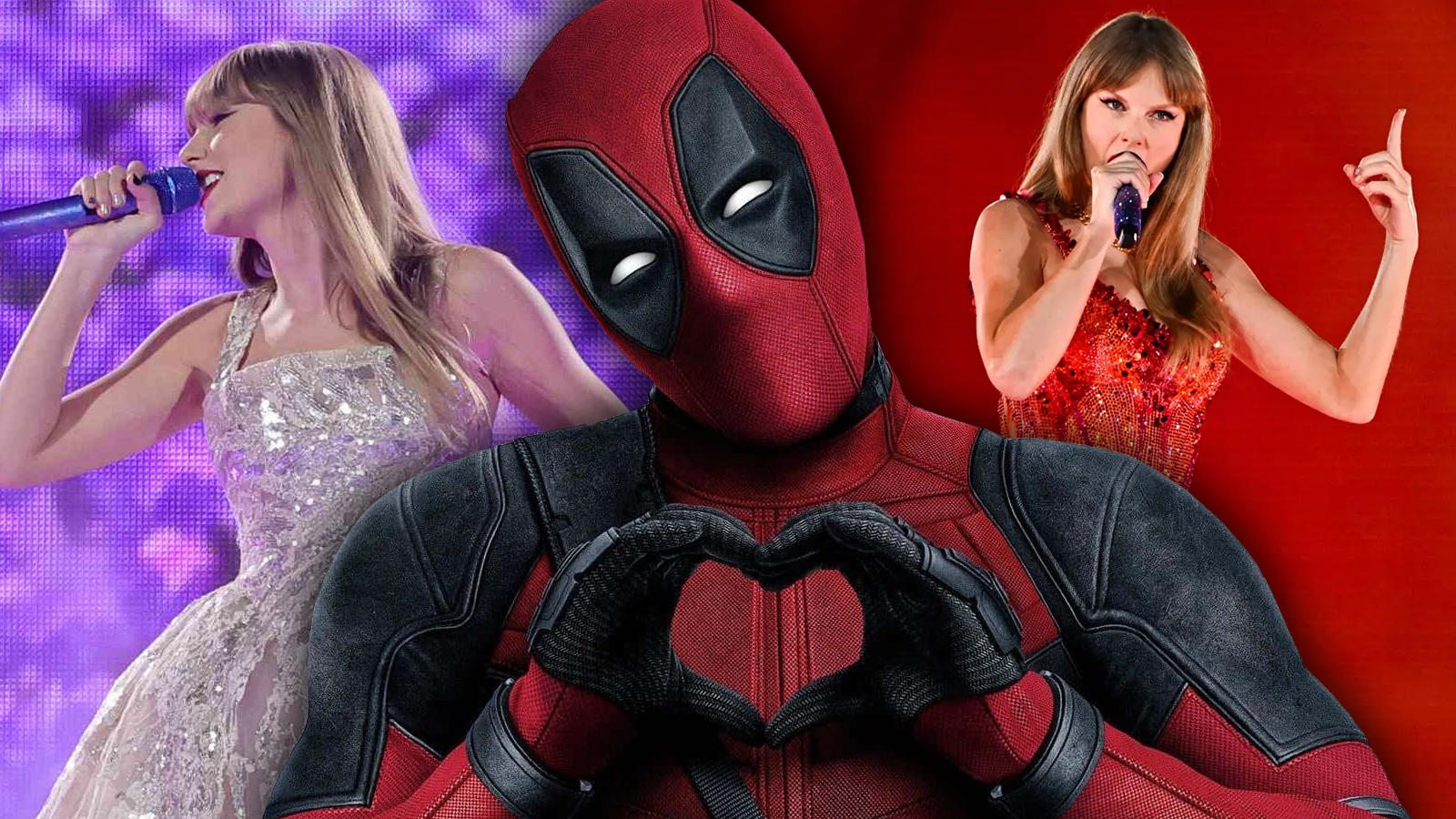 Key art for Deadpool combined with stills from Taylor Swift's Eras tour