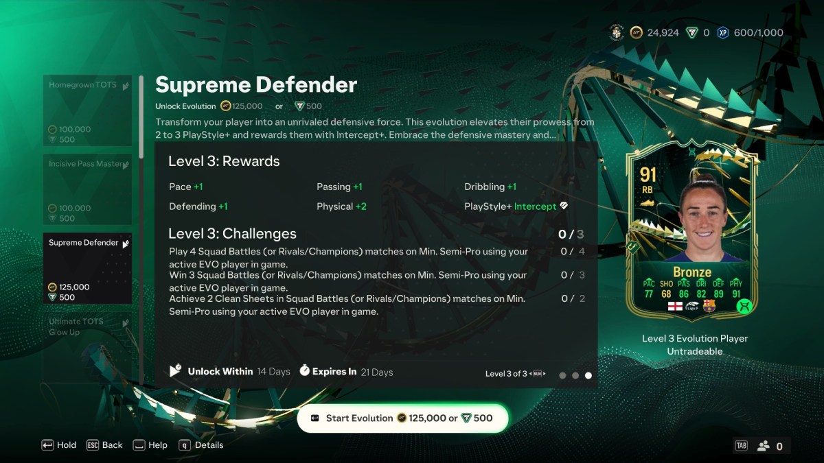 Supreme Defender evolution menu in EA FC 24