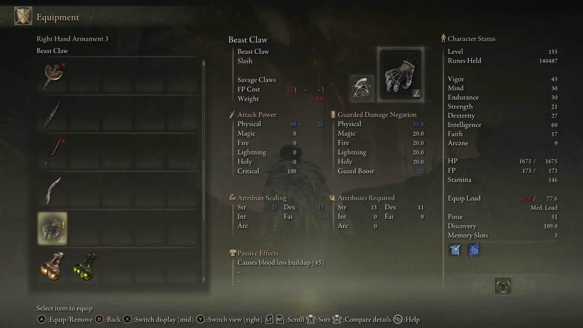 Beast Claw's stats in Elden Ring.