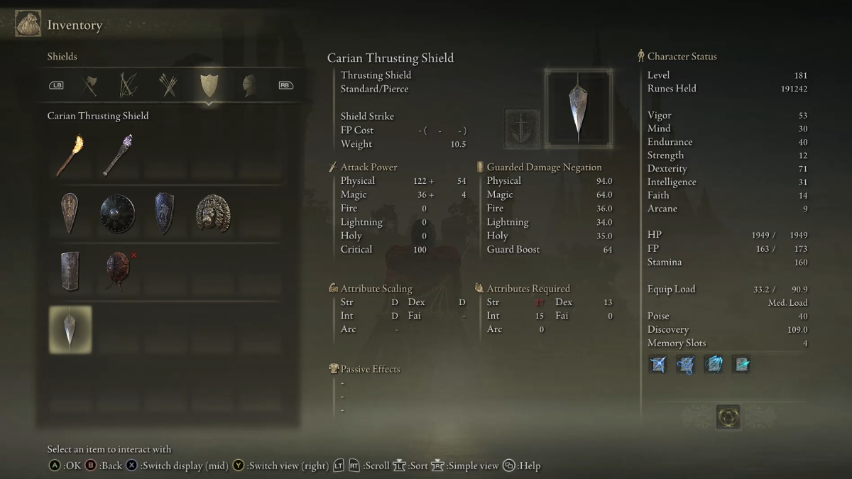 The Carian Thrusting Shield's stats.