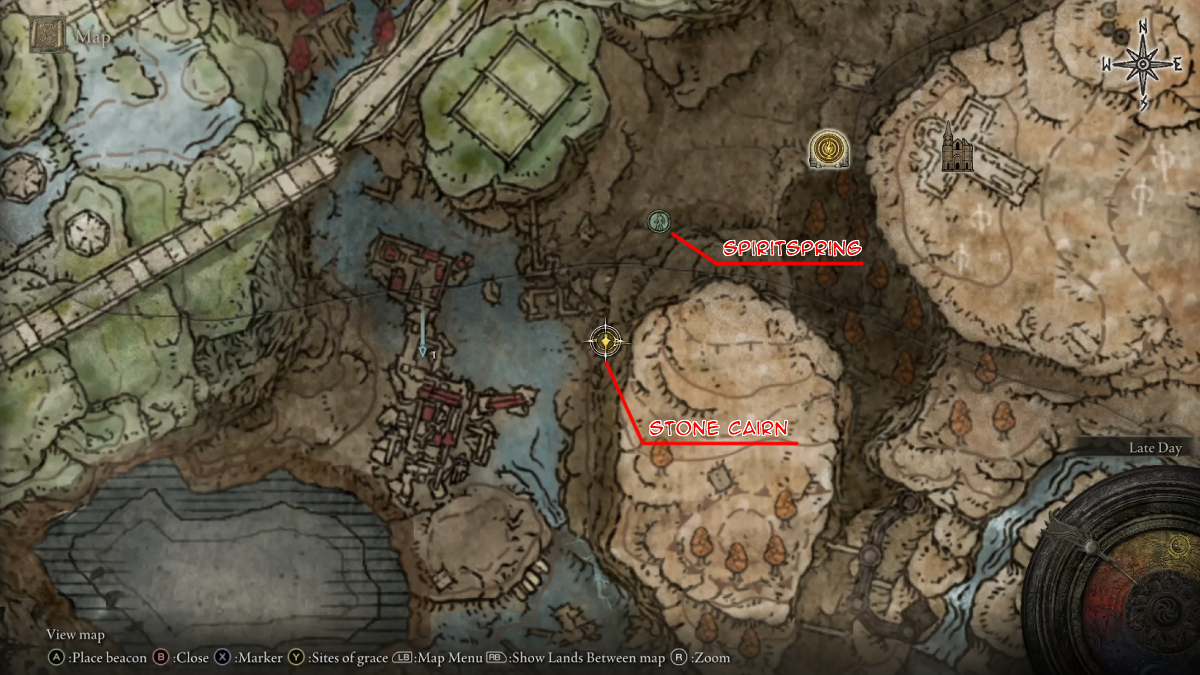 Image of a map displaying the locations of the Spiritspring and Stone Cairn near Temple Town Ruins.