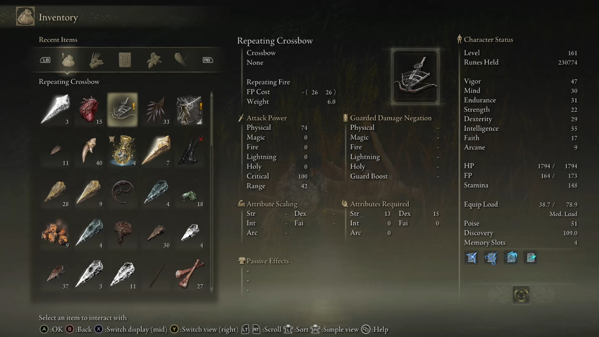 The Repeating Crossbow's stats in Elden Ring: Shadow of the Erdtree.
